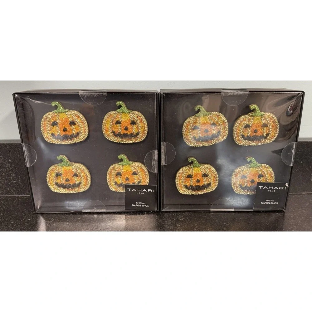 Tahari Home Fly By Night Beaded Pumpkin Jack O'Lantern Napkin Rings Set of 8 NIB